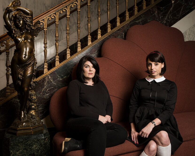 Karen Kilgariff, left, and Georgia Hardstark host the podcast, My Favorite Murder, which has...