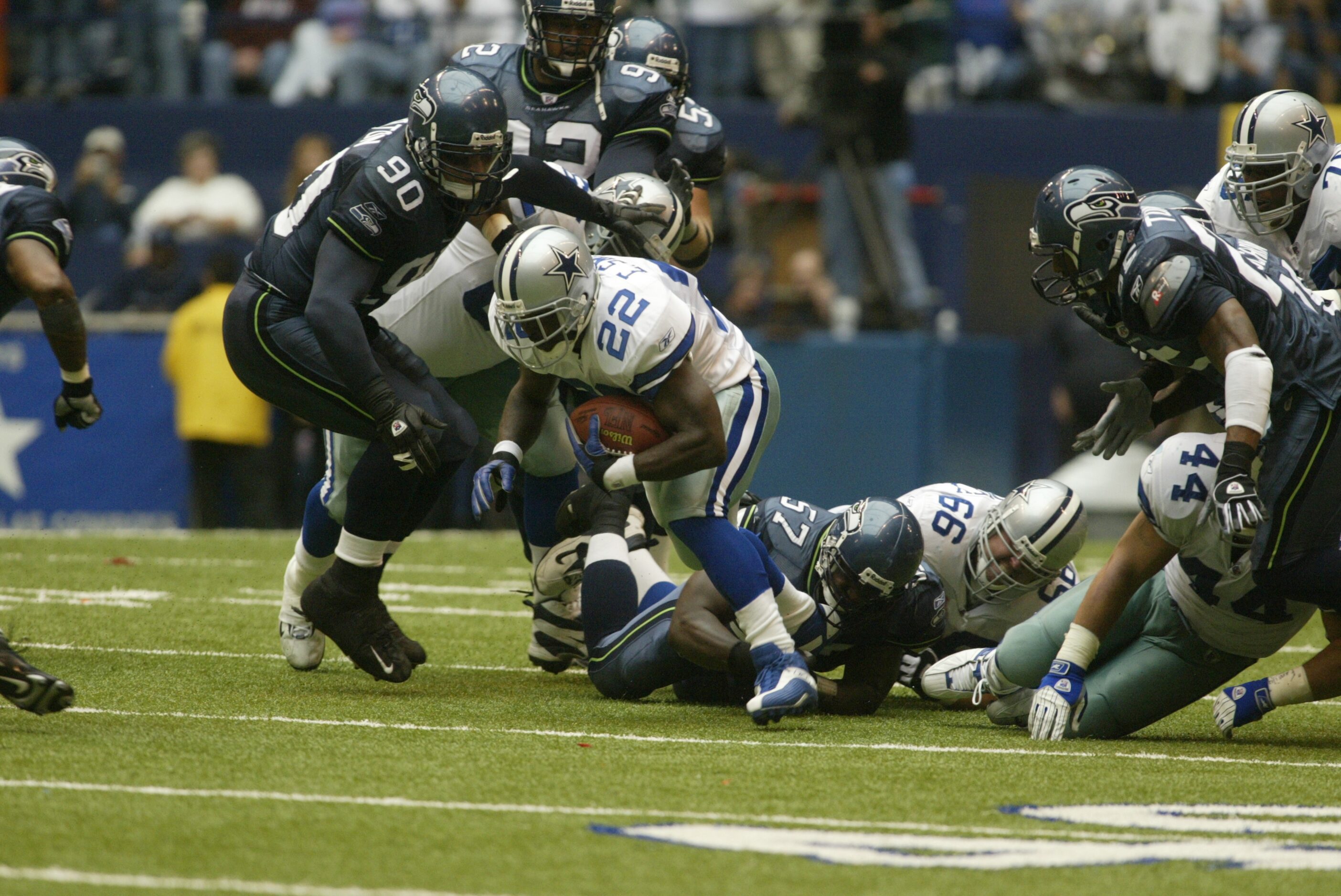 Dallas Cowboys running Emmitt Smith (22) breaks the all-time rushing record with an 11-yard...