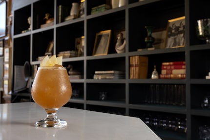 Lofty Idea is a cocktail at Pillar in Dallas made with Irish whiskey, apple brandy and fig.