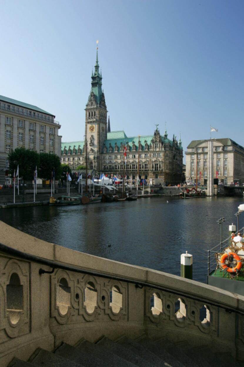 The Jungfernstieg area and the Rathaus in Hamburg, Germany. Chamber of commerce types brag...