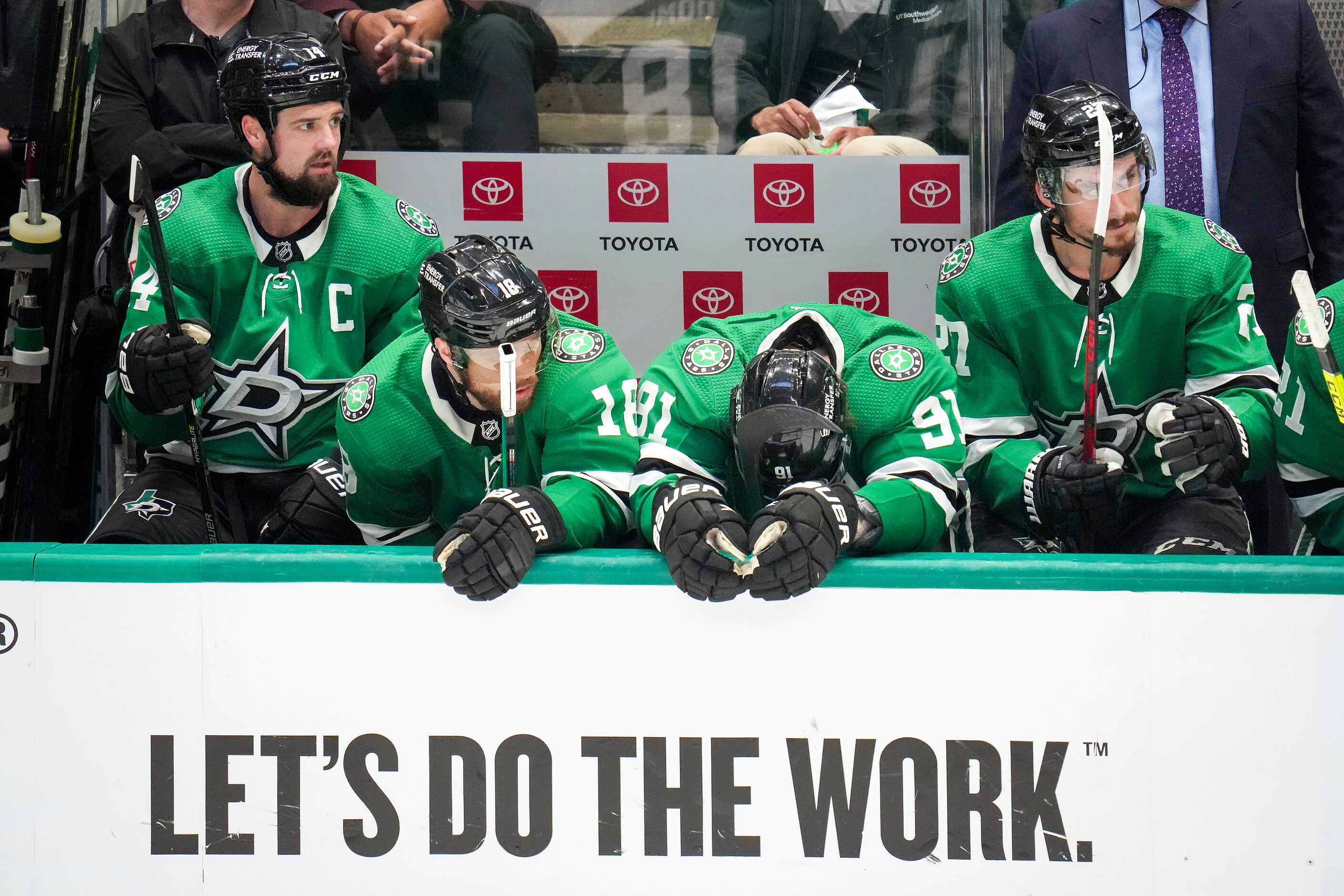 Dallas Stars left wing Jamie Benn (14), center Max Domi (18), center Tyler Seguin (91) and...