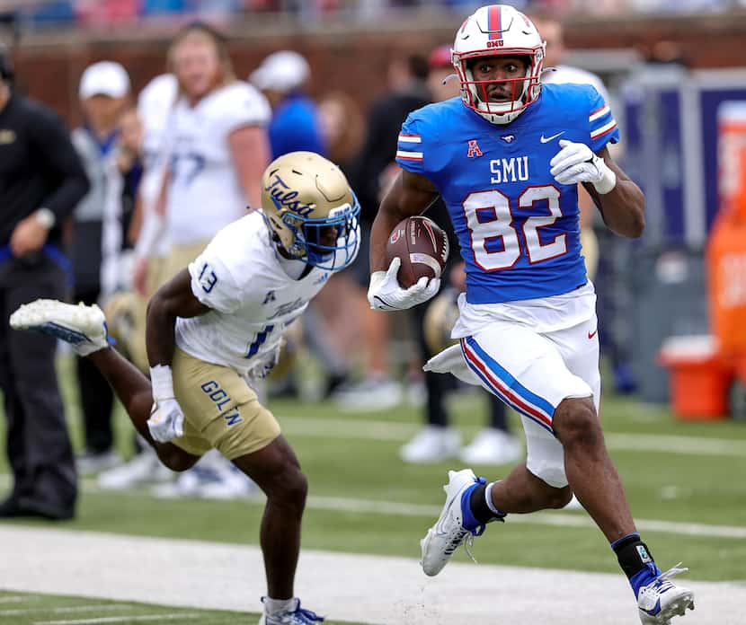 SMU tight end RJ Maryland goes 62 yards for a touchdown reception against Tulsa during the...