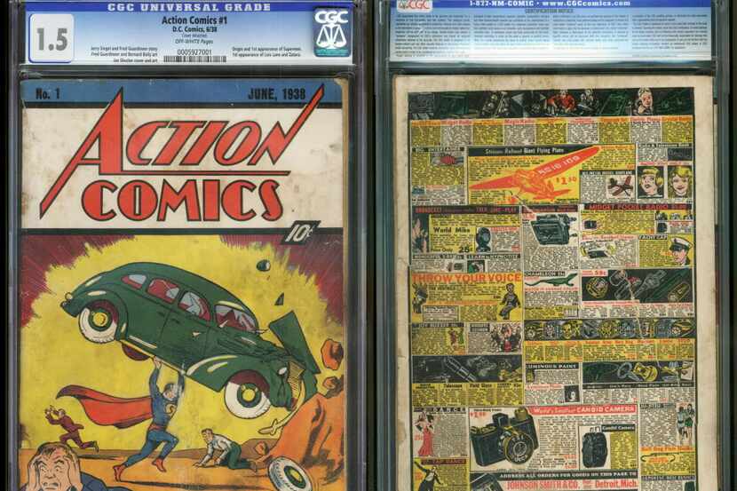 The front and back cover of Action Comics No. 1 from 1938, featuring the debut of Superman. 