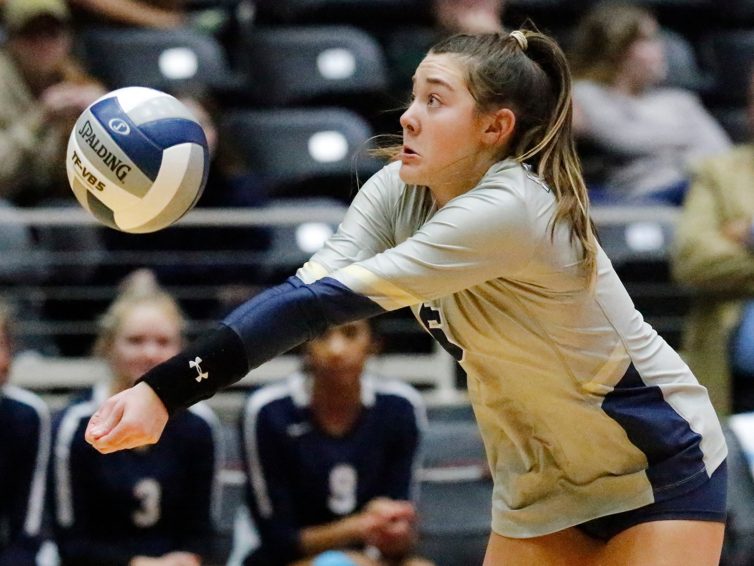 Keller libero Kea Whillock (5) makes a pass during game two as Keller High School played...