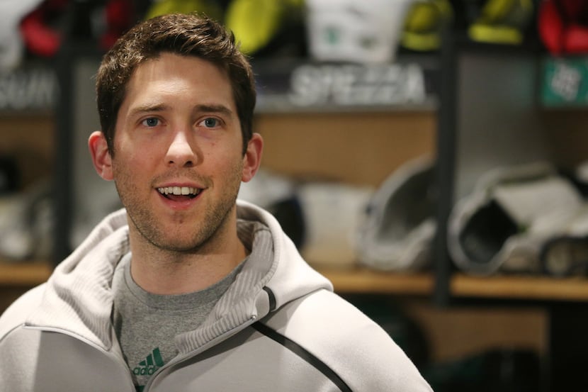 Dallas Stars goalie Ben Bishop speaks during a press conference following the conclusion of...