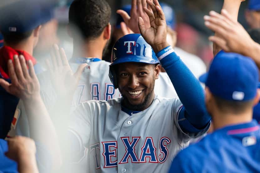 CLEVELAND, OH -  MAY 31: Jurickson Profar #19 of the Texas Rangers celebrates after scoring...