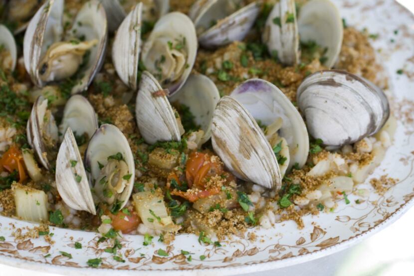 Barley with clam sauce. The dish is a healthy alternative to white pasta with clams.