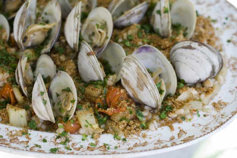 Barley with clam sauce. The dish is a healthy alternative to white pasta with clams.