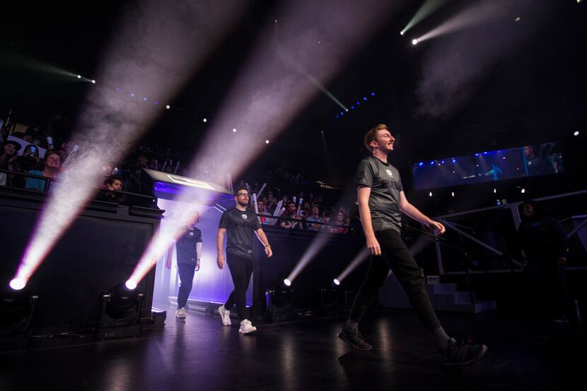 Dallas Fuel players enter the arena before an Overwatch League match against the San...
