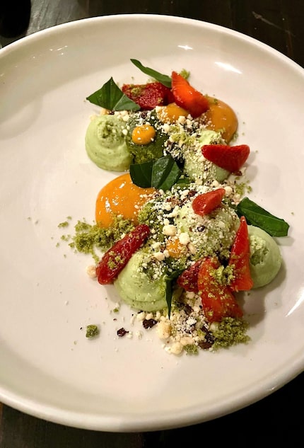 Petra and the Beast served a basil olive oil cake with sweet basil ricotta, sour berries and...