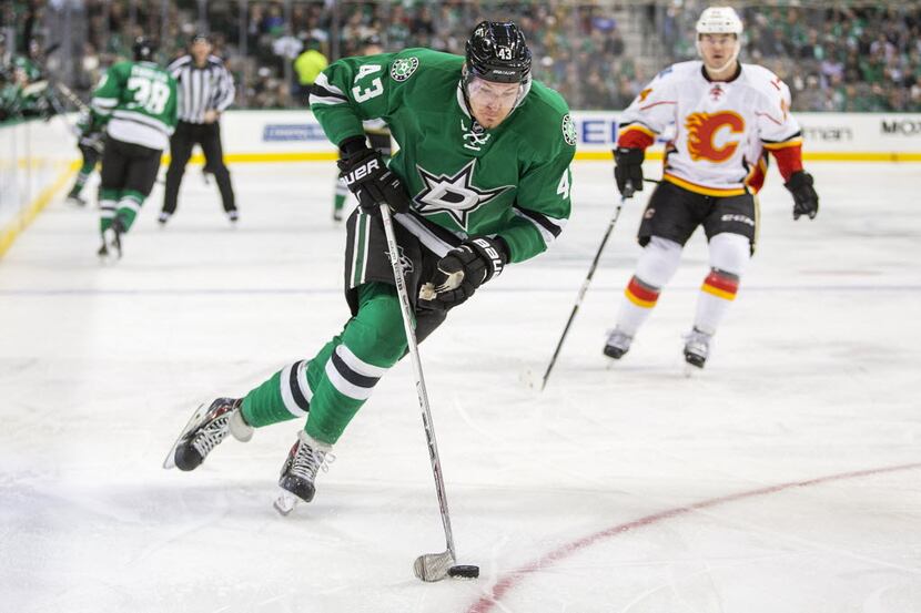 Dallas Stars right wing Valeri Nichushkin (43) brings the puck up the ice during the first...