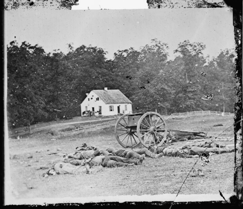 Confederate dead lie in front of the Dunker church on the Antietam battlefield in Antietam,...