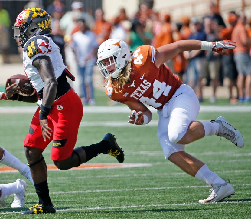 FILE - Texas linebacker Breckyn Hager (44) is pictured during a game against Maryland at...