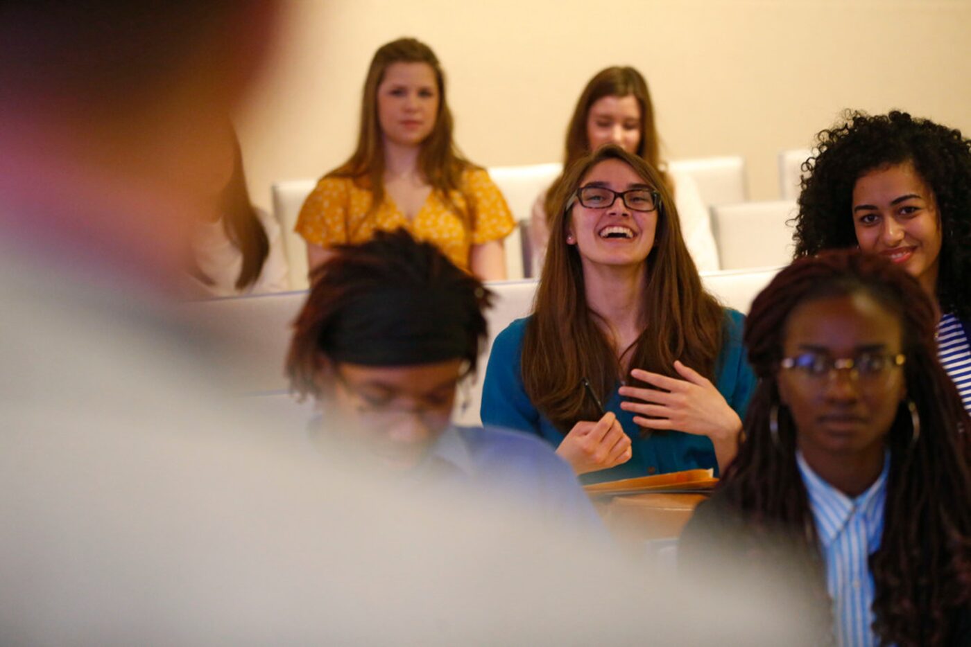 Student journalists ask questions during a workshop at High School Journalism Day on Friday...