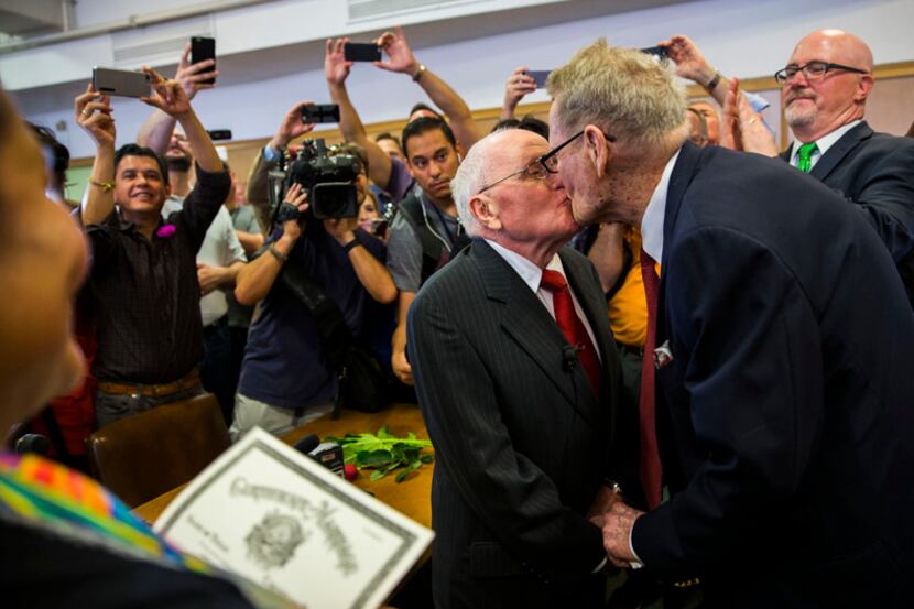  After 54 years as a couple, George Harris, 82, and Jack Evans, 85, are married by Judge...