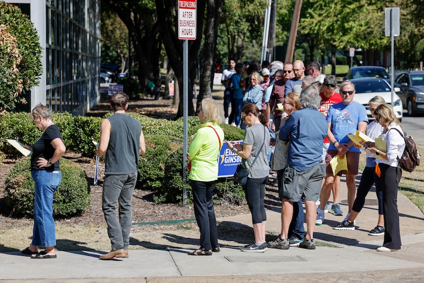 People wait in line to vote outside the Oak Lawn Branch Library polling place on the first...