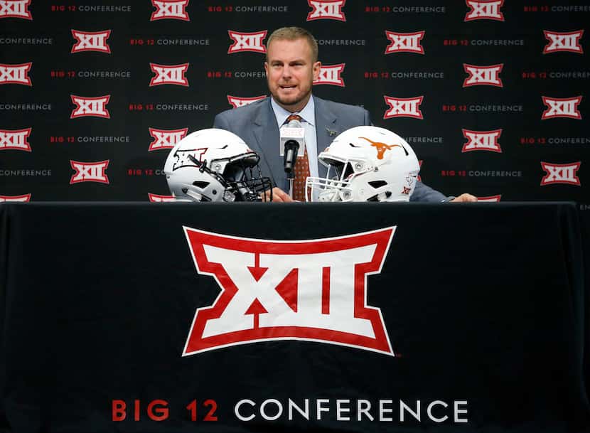 Texas head football coach Tom Herman speaks during Big 12 Media Days at Ford Center at The...