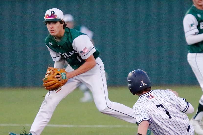 Prosper second baseman Chase Pendley makes a force out on Allen's Judson Arrington (7) at...