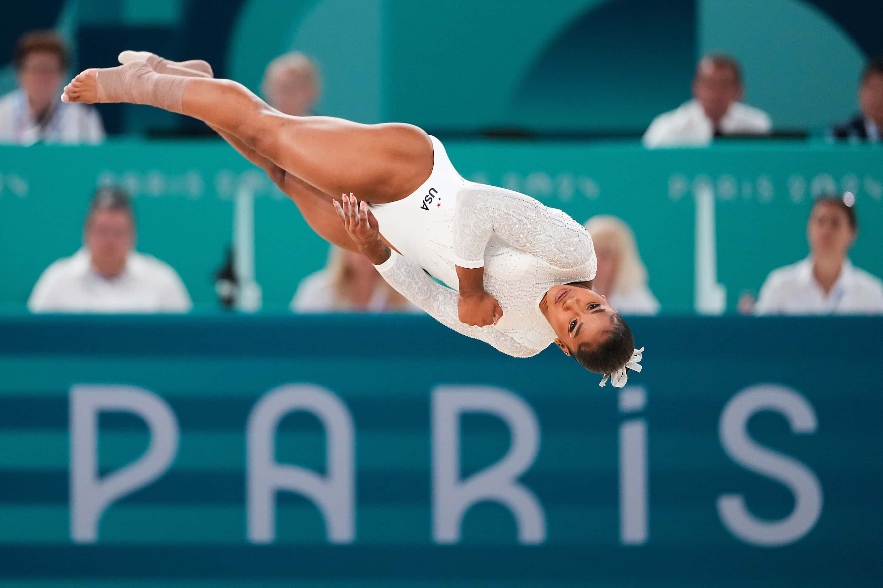 Jordan Chiles of the United States competes in the women’s floor exercise final at the 2024...