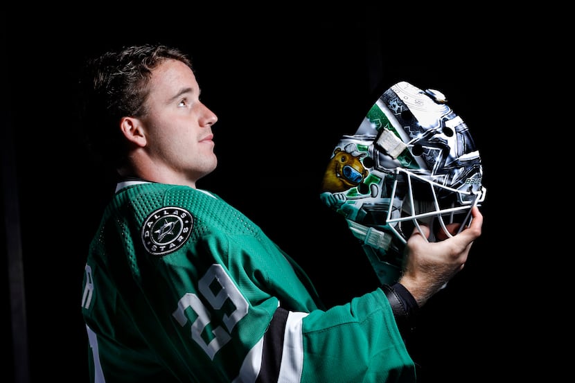Dallas Stars goalie Jake Oettinger is photographed during media day at the Comerica Center...