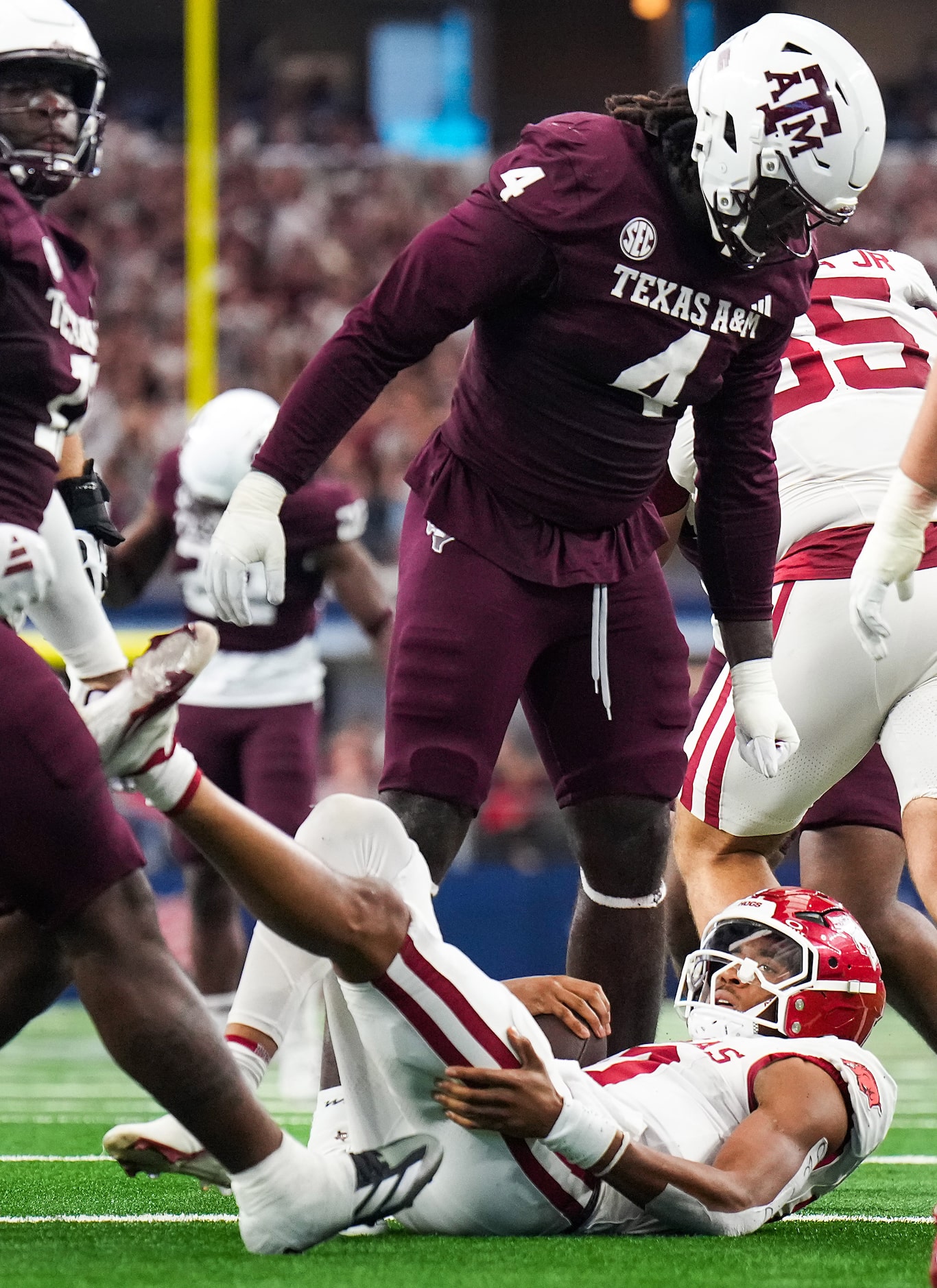 Texas A&M defensive lineman Shemar Stewart (4) celebrates after sacking Arkansas quarterback...