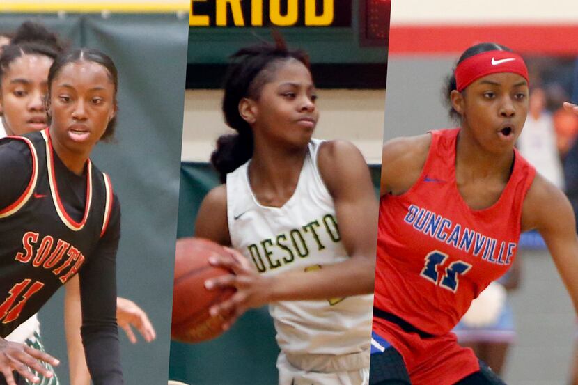 From left to right: South Grand Prairie’s Jahcelyn Hartfield, DeSoto’s Ja’Mia Harris,...
