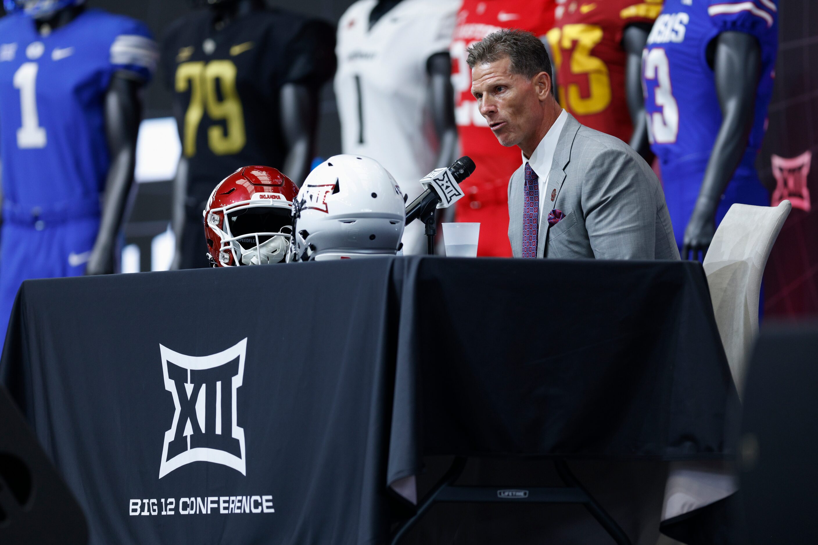 Oklahoma head coach Brent Venables speaks during the Big 12 Media Days at AT&T Stadium,...