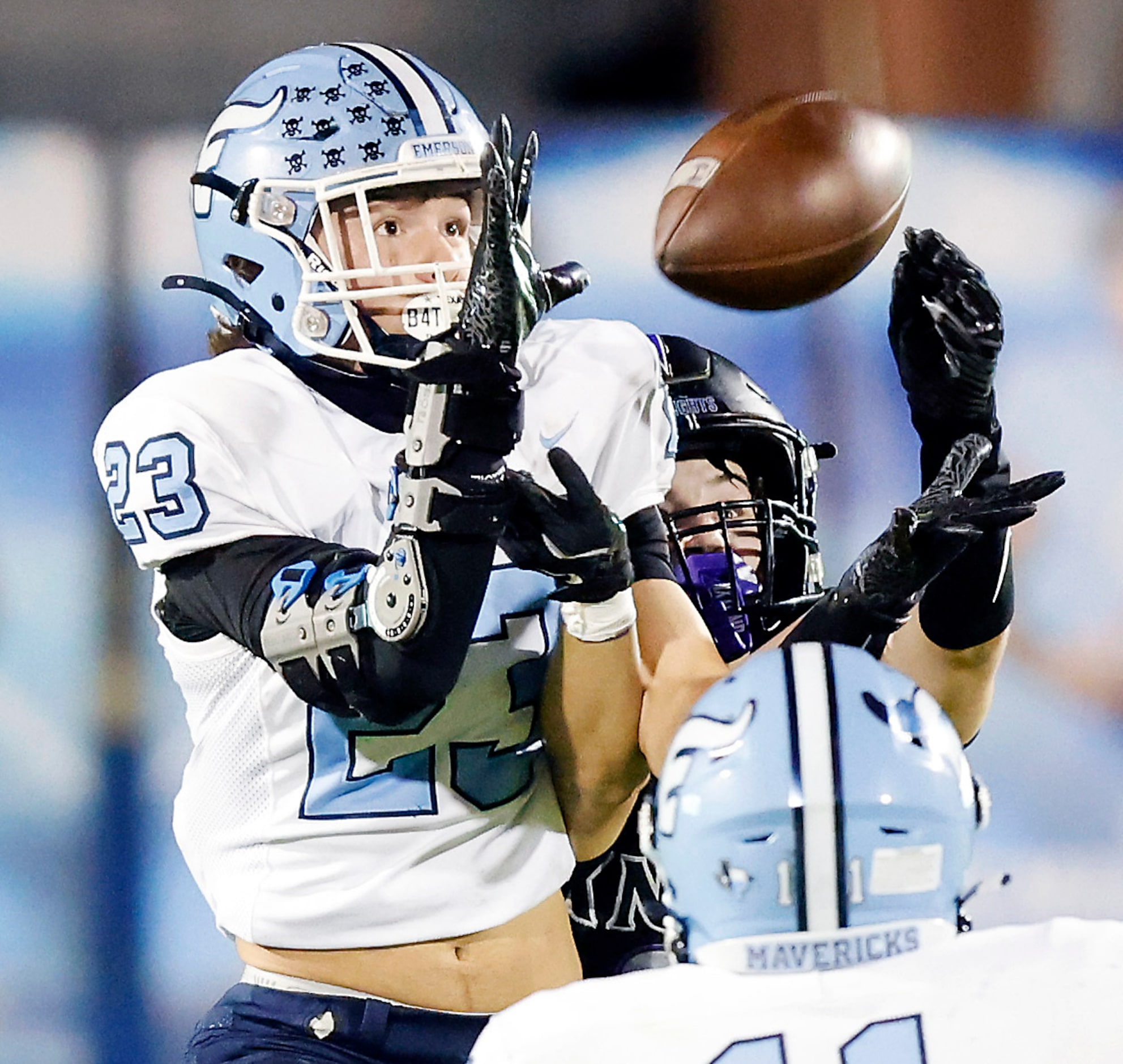 Frisco Emerson linebacker Nate Leal (23) intercepts a pass intended for Frisco Independence...