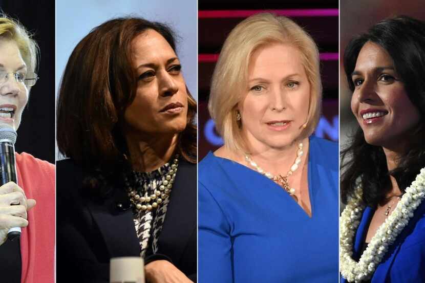 From left: U.S. Sen. Elizabeth Warren, D-Mass.;  U.S. Sen. Kamala Harris, D-Calif.;  U.S....