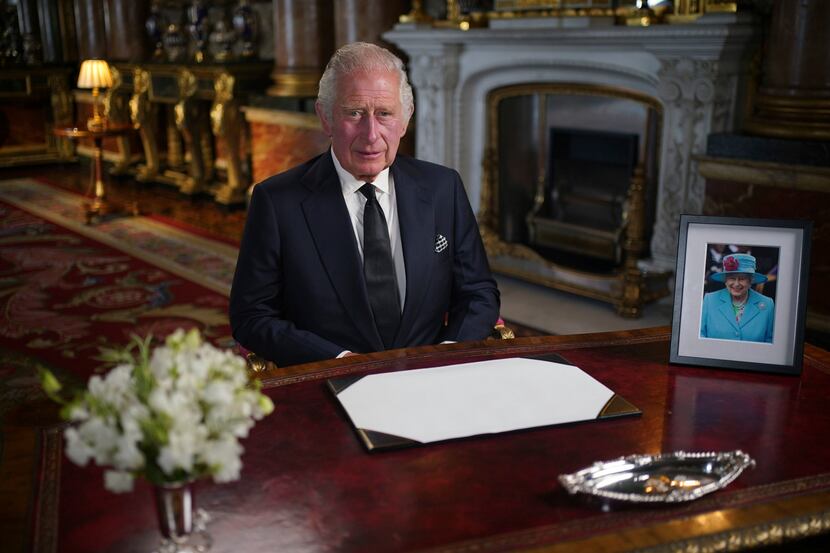 Britain's King Charles III delivers his address to the nation and the Commonwealth from...