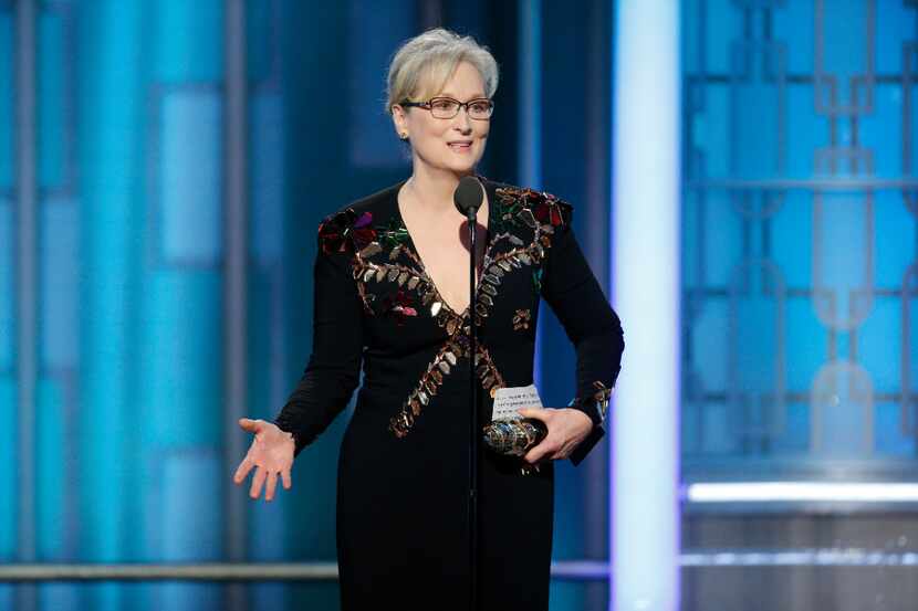 This image released by NBC shows Meryl Streep accepting the Cecil B. DeMille Award at the...