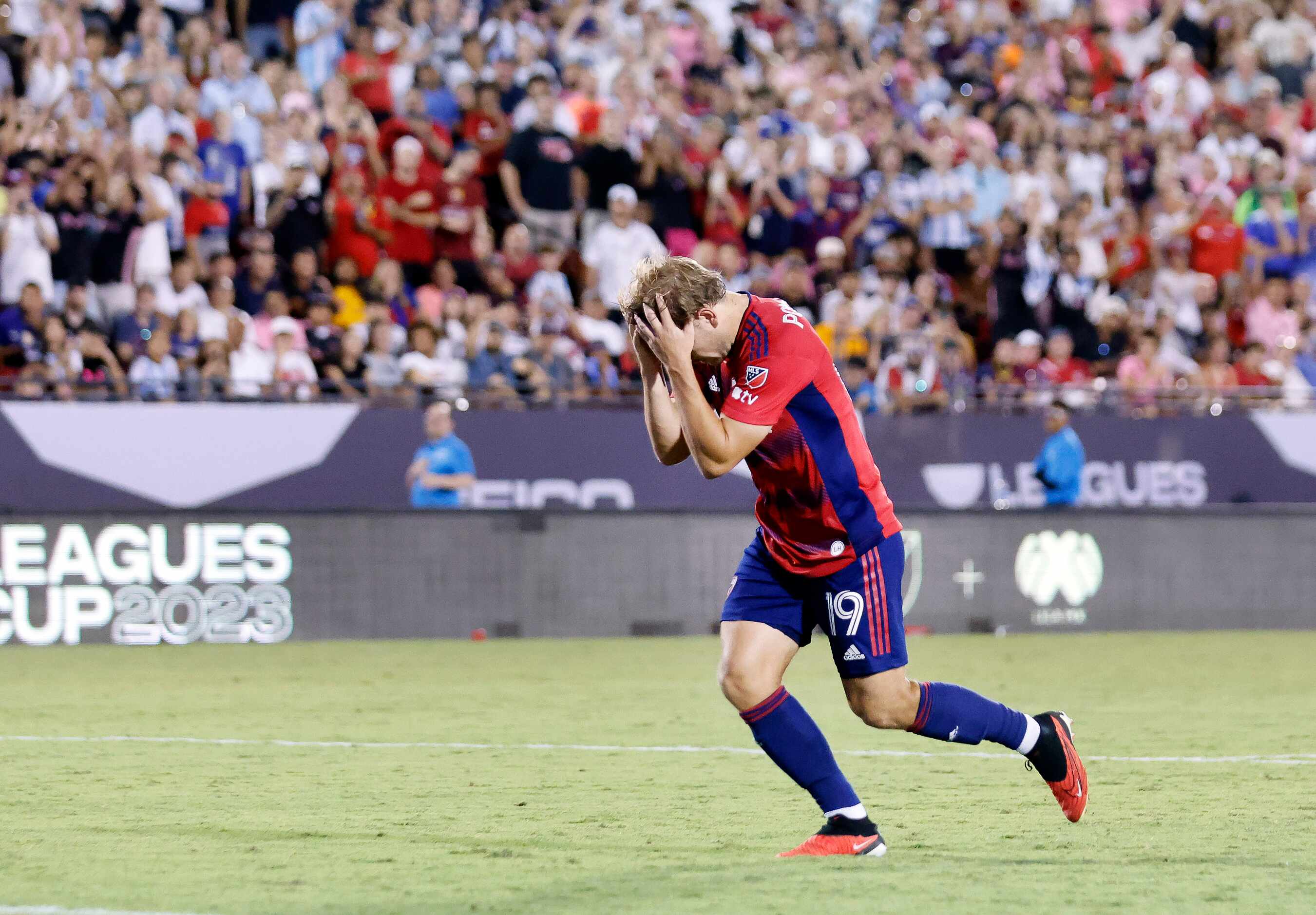 FC Dallas midfielder Paxton Pomykal (19) reacts after missing shot during the penalty...