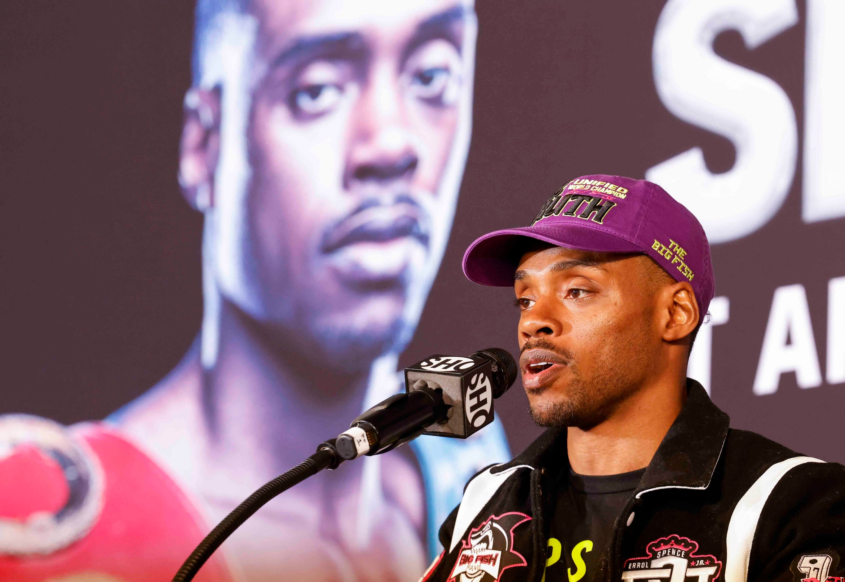 Errol Spence Jr., speaks during a press conference ahead of his fight this weekend against...