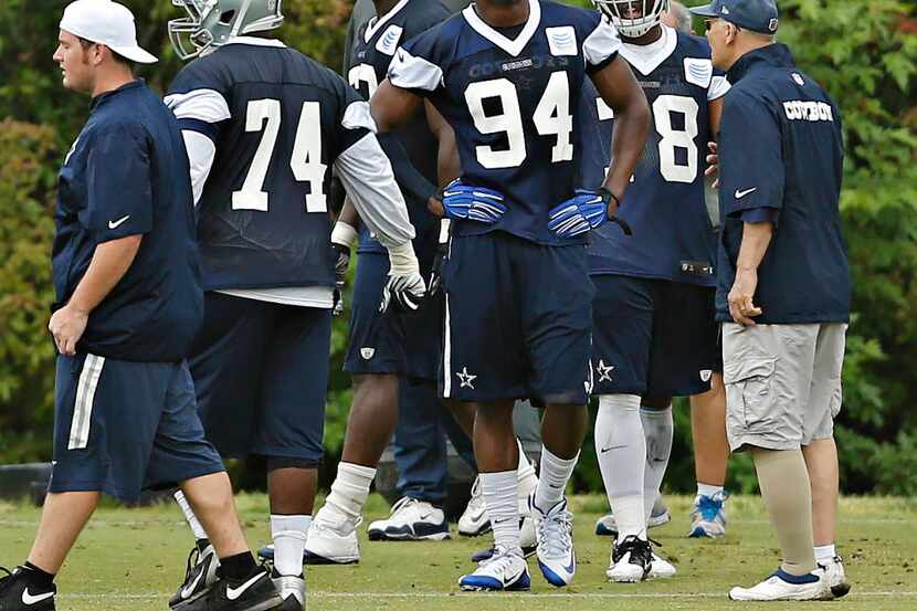 Dallas Cowboys defensive end Randy Gregory (94) takes a break during a minicamp for rookie...