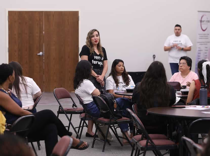 Ana Marcela Rodríguez speaks during a BIPOC Mental health workshop at Stacy's Furniture in...