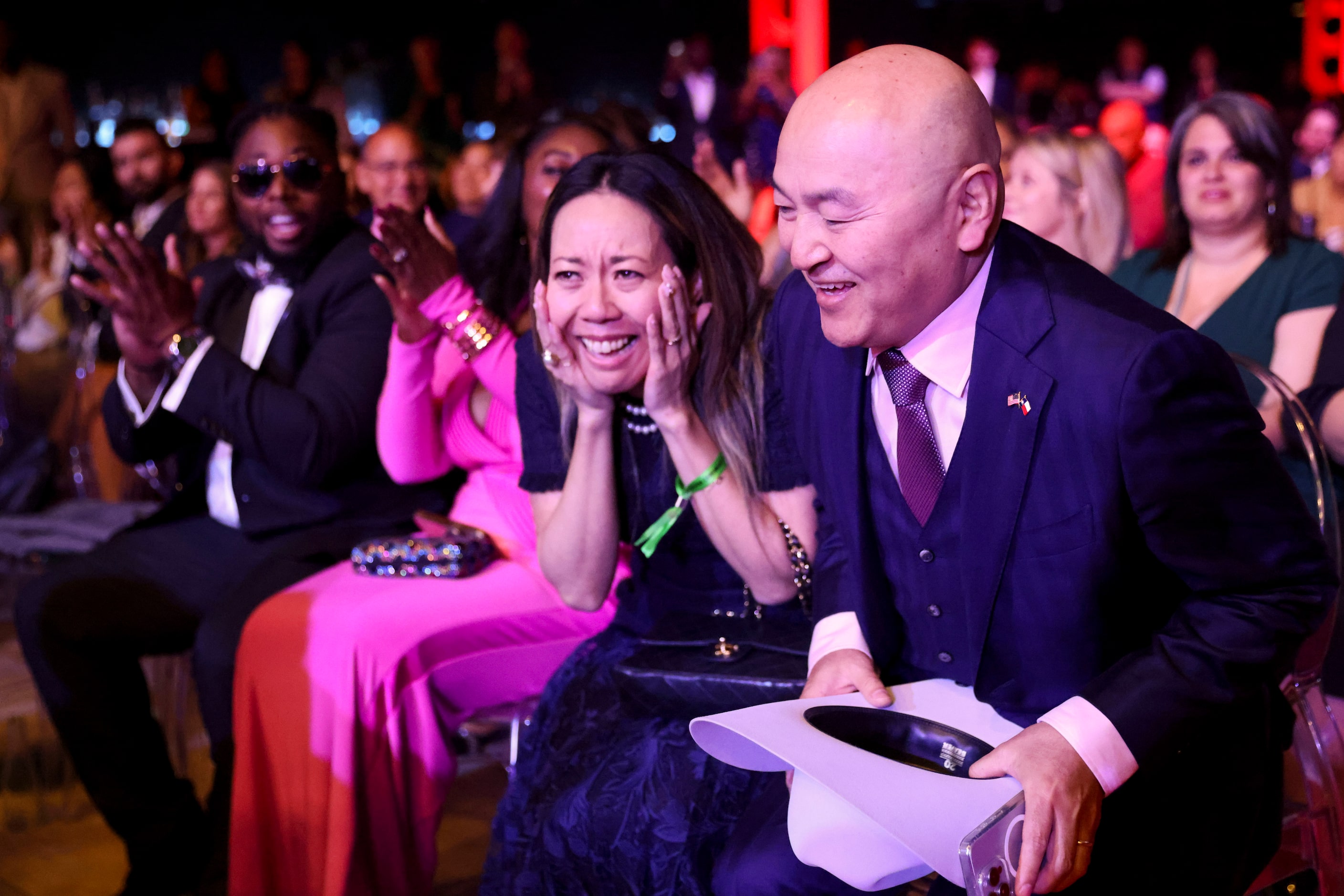 Chef Tatsuya Sekiguchi and his wife Hiroko Sekiguchi of Tatsu Dallas react after receiving...