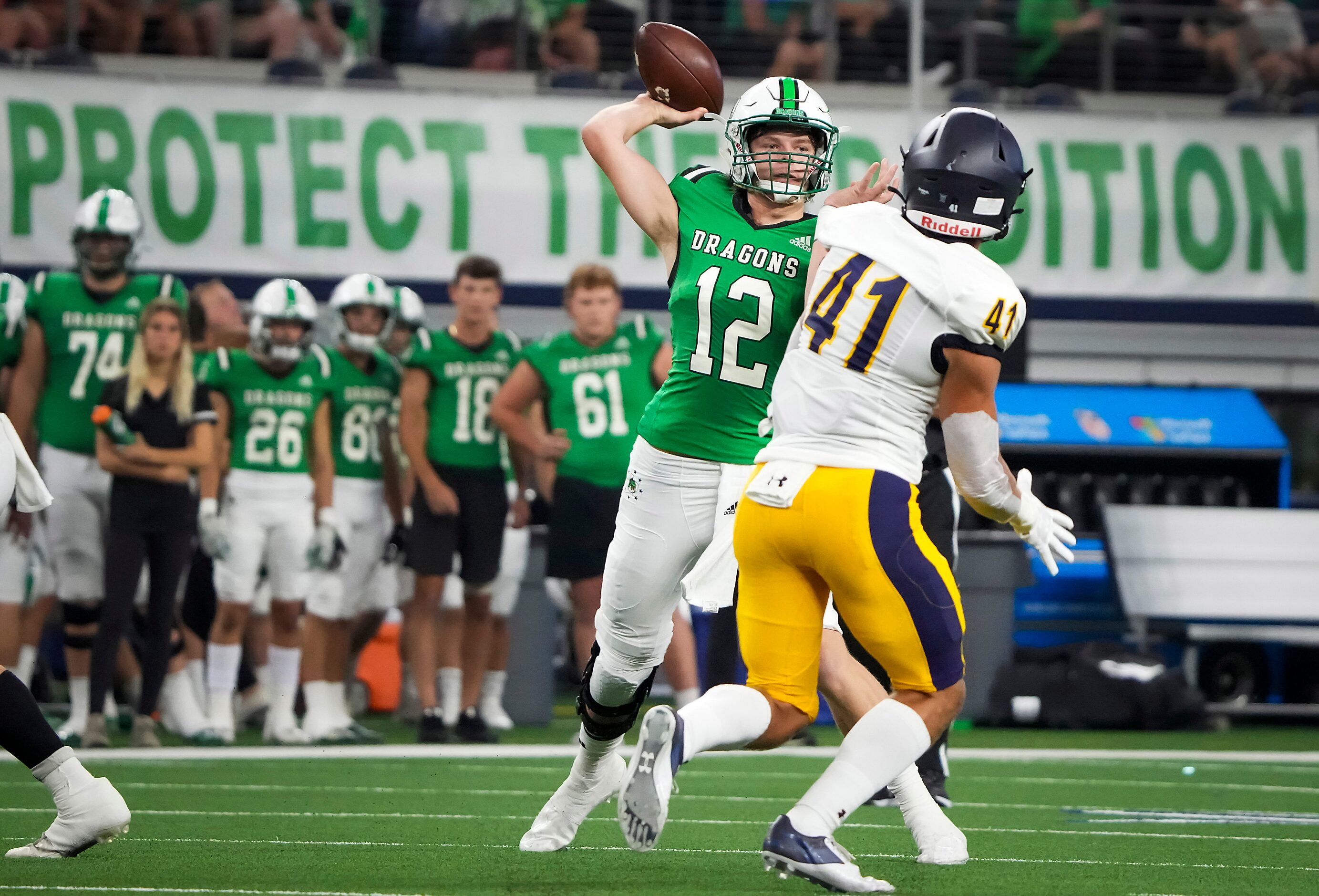 Southlake Carroll quarterback Kaden Anderson (12) throws a pass as Highland Park’s George...