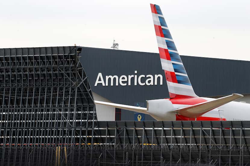 An American Airlines aircraft sits outside maintenance Hangar 5 at Dallas-Fort Worth...