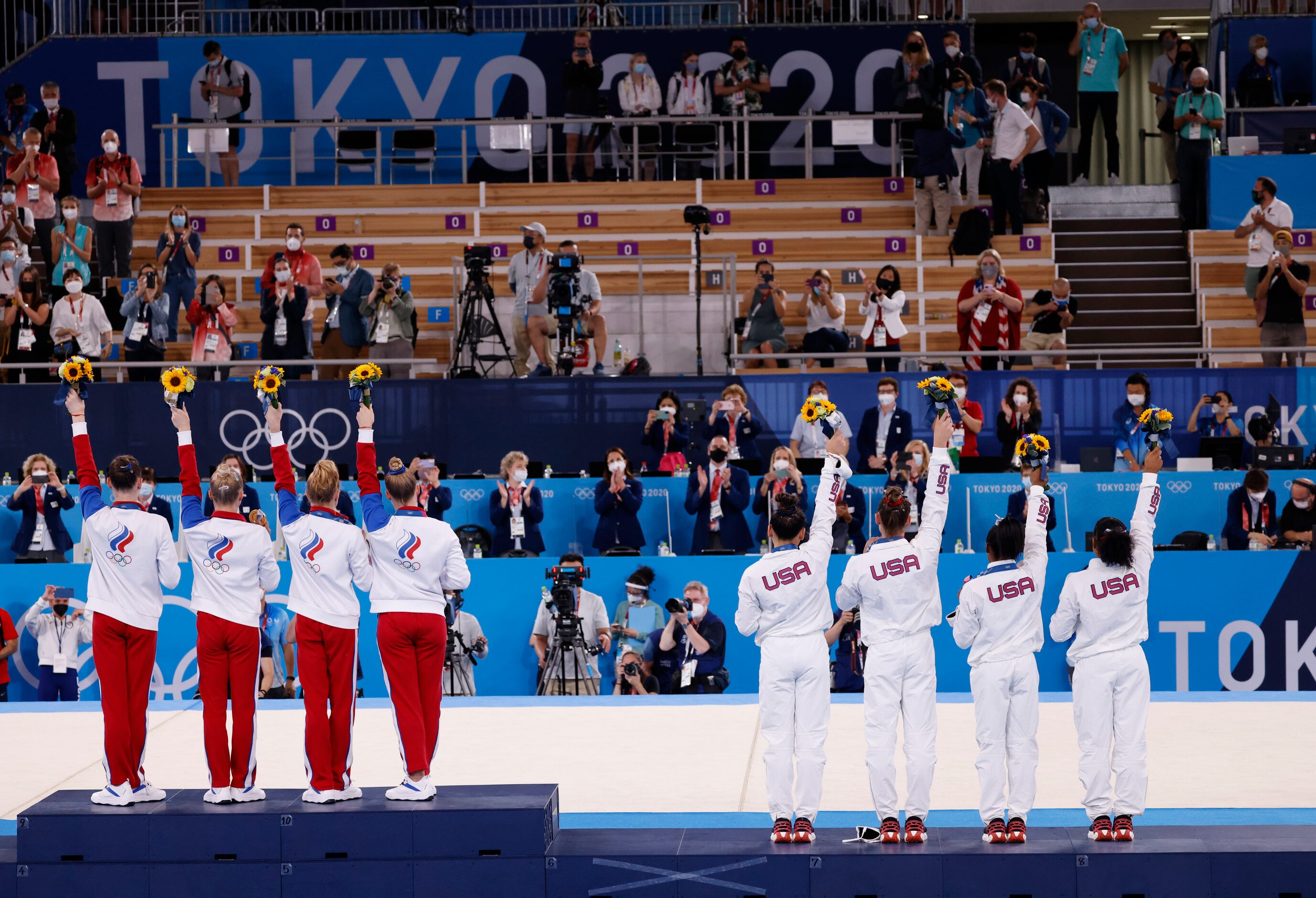 ROC took first place with gold as USA’s Sunisa Lee, Grace McCallum, Simone Biles and Jordan...