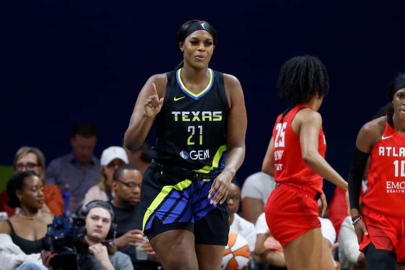 Dallas Wings center Kalani Brown (21) reacts while playing against the Atlanta Dream during...