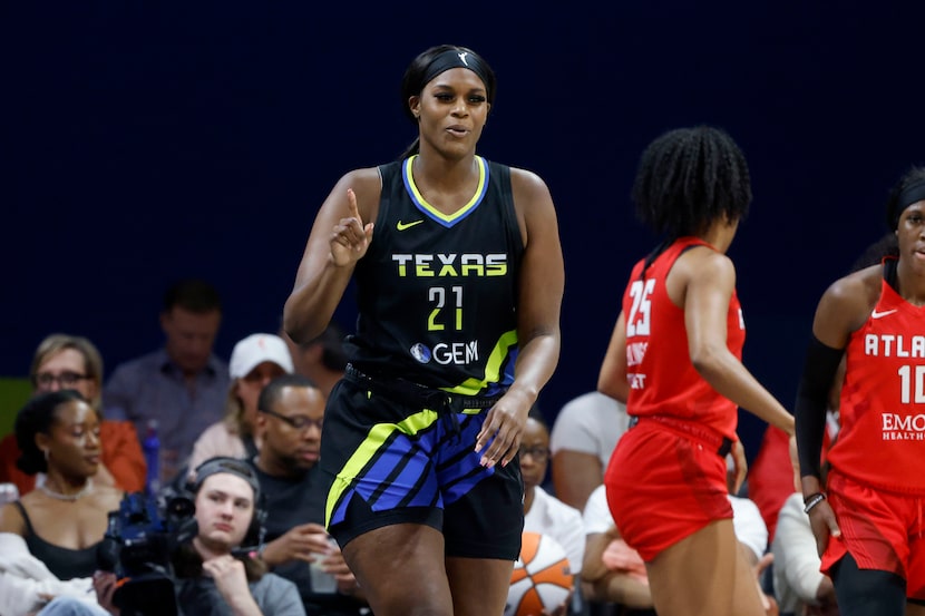 Dallas Wings center Kalani Brown (21) reacts while playing against the Atlanta Dream during...