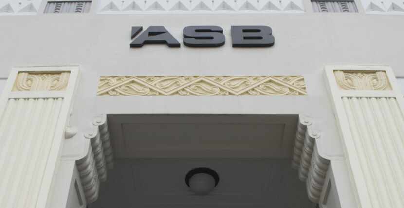Entrance of the ASB Bank building, which sports curlicue Maori motifs, in Napier, New Zealand.