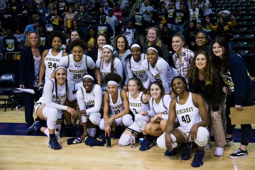 McKinney poses for a photo after a 66-53 win in a UIL 6A Region II semifinal girls...