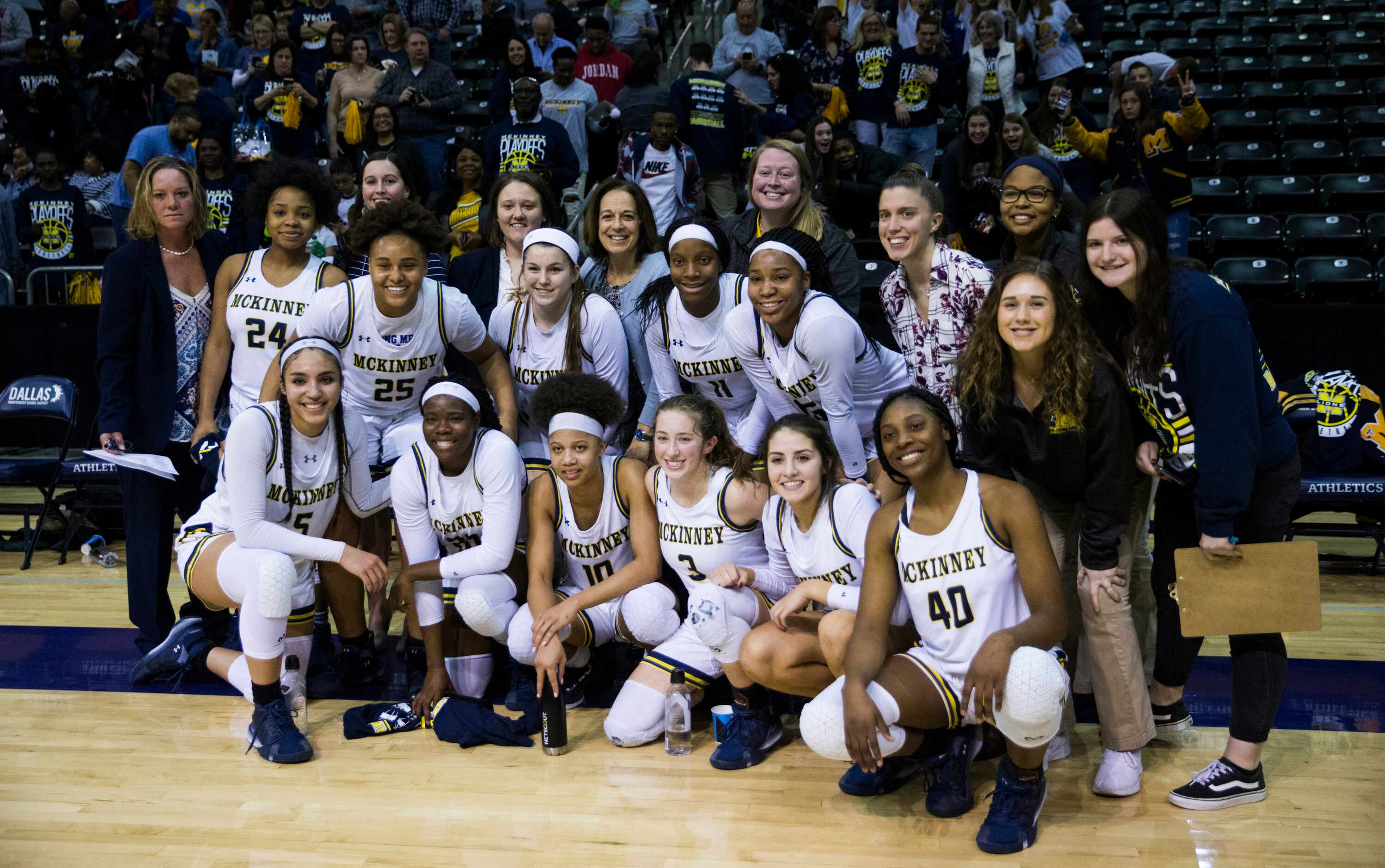 McKinney poses for a photo after a 66-53 win in a UIL 6A Region II semifinal girls...