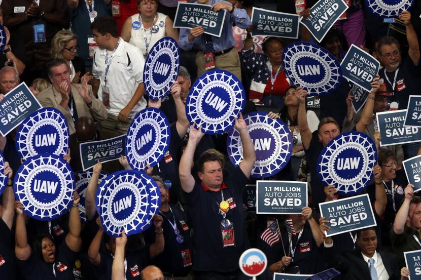 Delegates show support the the UAW (United Auto Workers Union) at the 2012 Democratic...