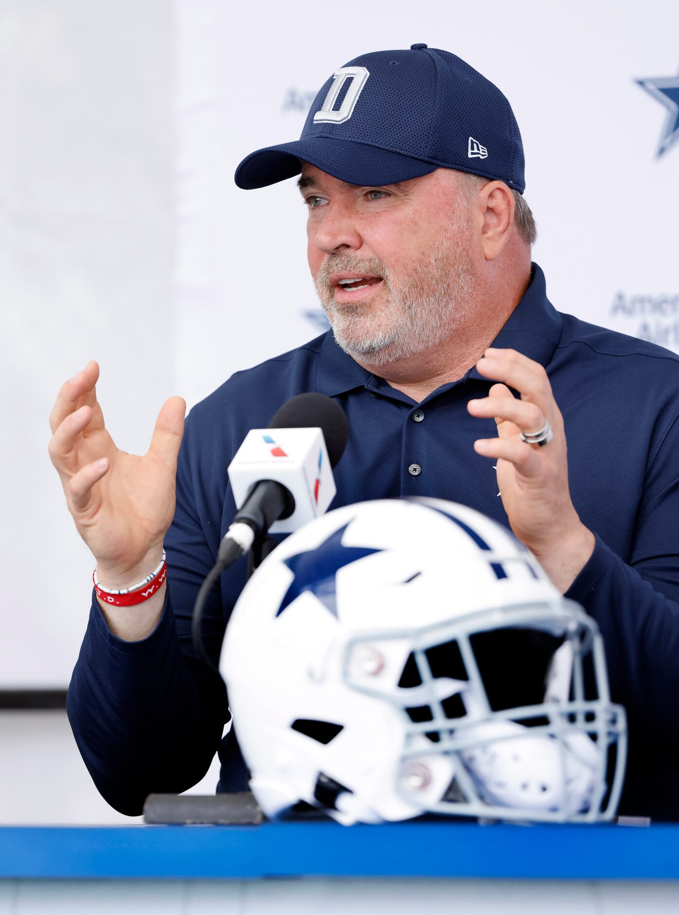 Dallas Cowboys head coach Mike McCarthy answers questions from the media during the teams...