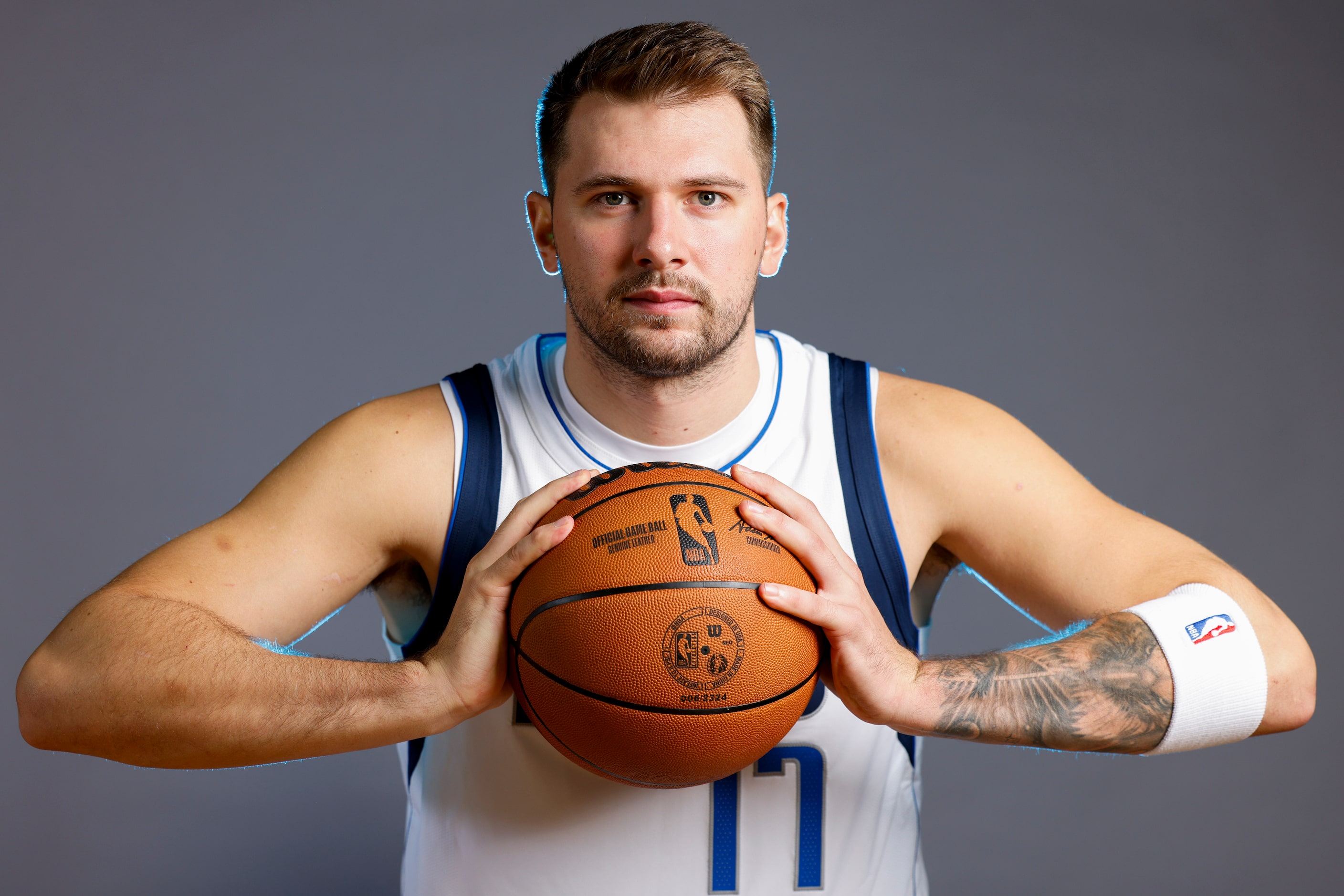 Dallas Mavericks point guard Luka Doncic poses for a photo during the media day on Friday,...