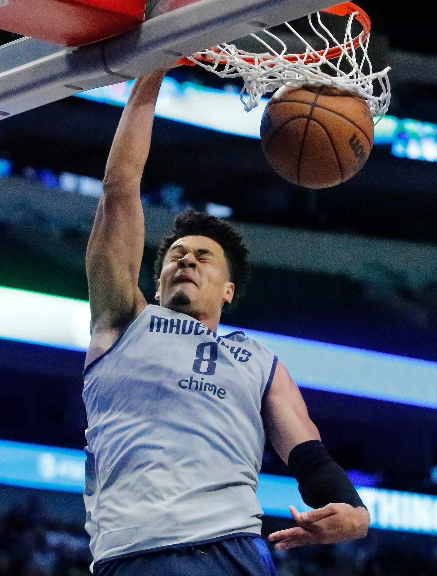 Dallas Mavericks guard Josh Green (8) slam dunks the basketball after a steal at the Mavs...