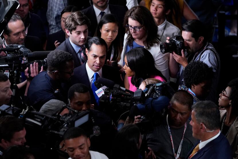 Former Housing Secretary Julián Castro, shown in the spin room Thursday night after the...