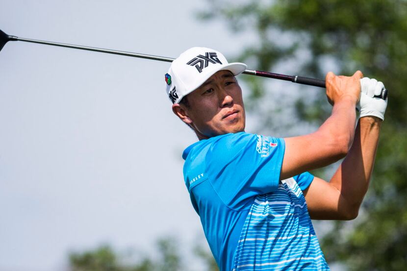 James Hahn tees off at the eighteenth hole during round three of the AT&T Byron Nelson on...